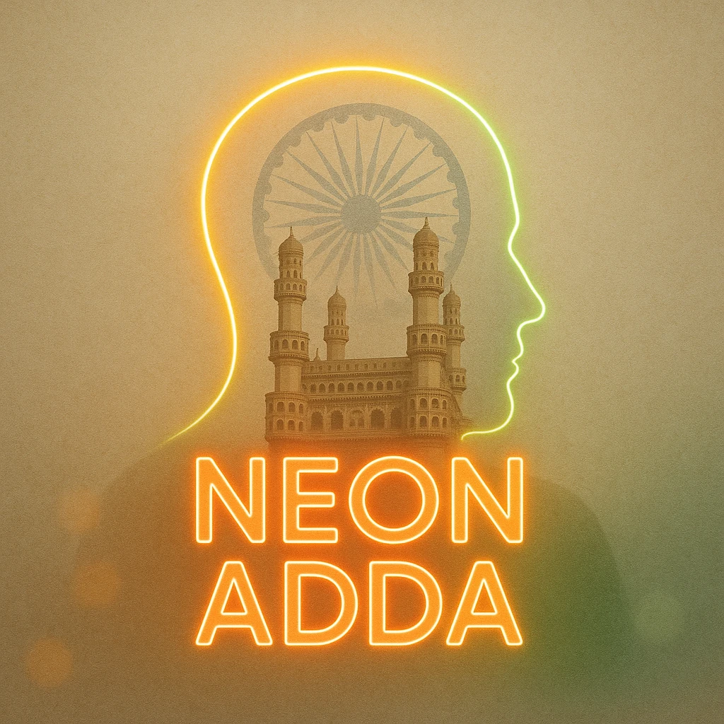 Neon Adda artwork: a glowing outline of a face holding the Charminar and the Ashoka Chakra, above the words Neon Adda in orange neon